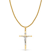 14K Gold Crucifix Charm Pendant with 1.4mm Round Wheat Chain Necklace