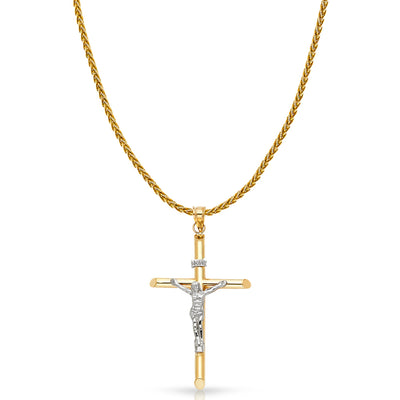 14K Gold Crucifix Charm Pendant with 1.4mm Round Wheat Chain Necklace