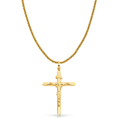 14K Gold Crucifix Charm Pendant with 1.4mm Round Wheat Chain Necklace