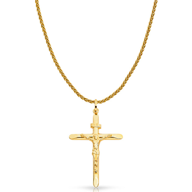 14K Gold Crucifix Charm Pendant with 1.4mm Round Wheat Chain Necklace