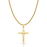 14K Gold Crucifix Charm Pendant with 1.4mm Round Wheat Chain Necklace