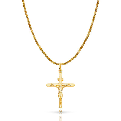 14K Gold Crucifix Charm Pendant with 1.4mm Round Wheat Chain Necklace