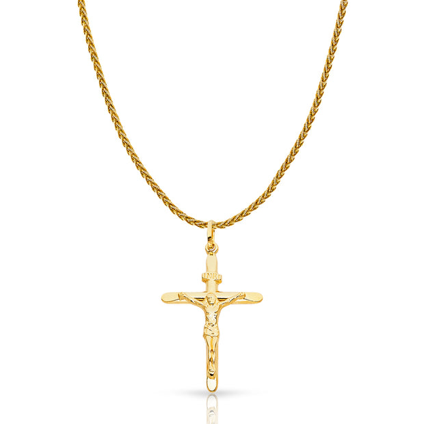 14K Gold Crucifix Charm Pendant with 1.4mm Round Wheat Chain Necklace