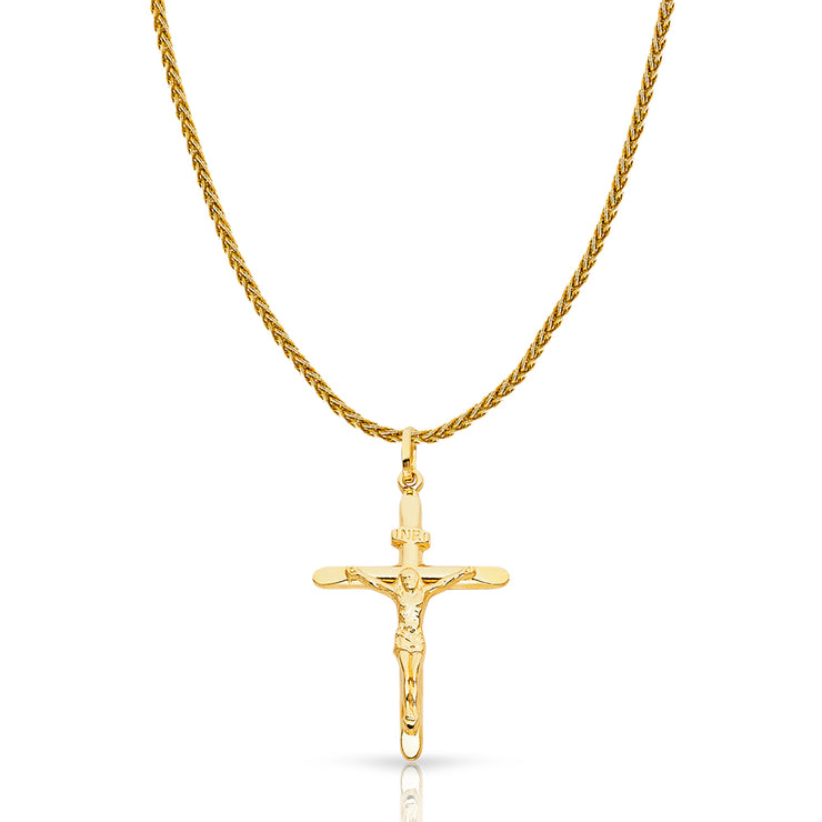 14K Gold Crucifix Charm Pendant with 1.4mm Round Wheat Chain Necklace