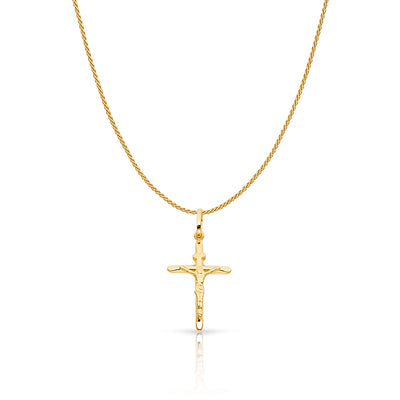 14K Gold Crucifix Charm Pendant with 0.9mm Wheat Chain Necklace