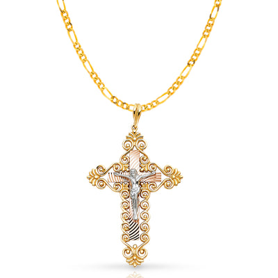 14K Gold Crucifix Pendant with 3.1mm Figaro 3+1 Chain