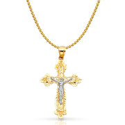 14K Gold Crucifix Pendant with 1.5mm Flat Open Wheat Chain