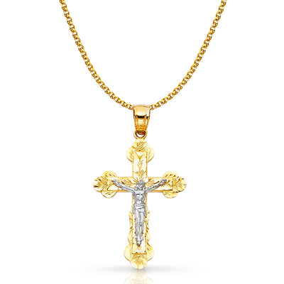 14K Gold Crucifix Pendant with 1.5mm Flat Open Wheat Chain