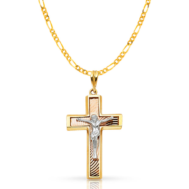 14K Gold Crucifix Pendant with 2.3mm Figaro 3+1 Chain