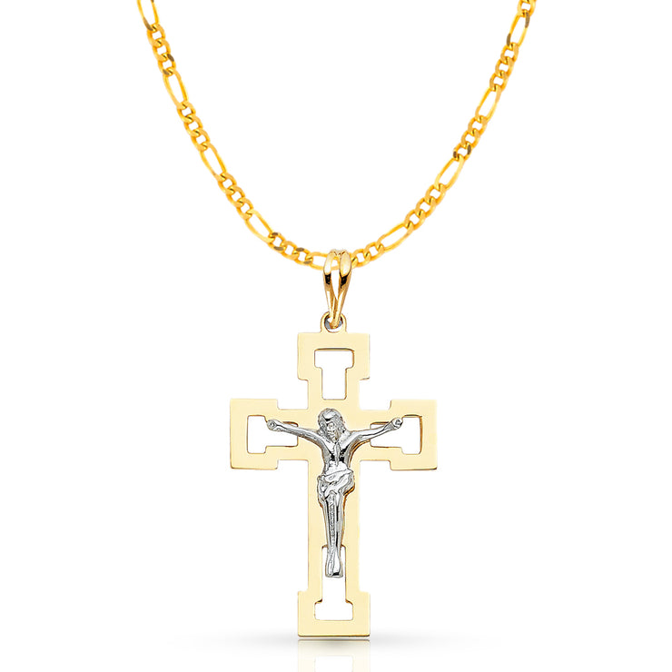 14K Gold Crucifix Pendant with 2.3mm Figaro 3+1 Chain