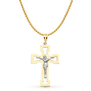 14K Gold Crucifix Pendant with 1.5mm Flat Open Wheat Chain