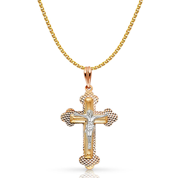 14K Gold Crucifix Pendant with 1.5mm Flat Open Wheat Chain