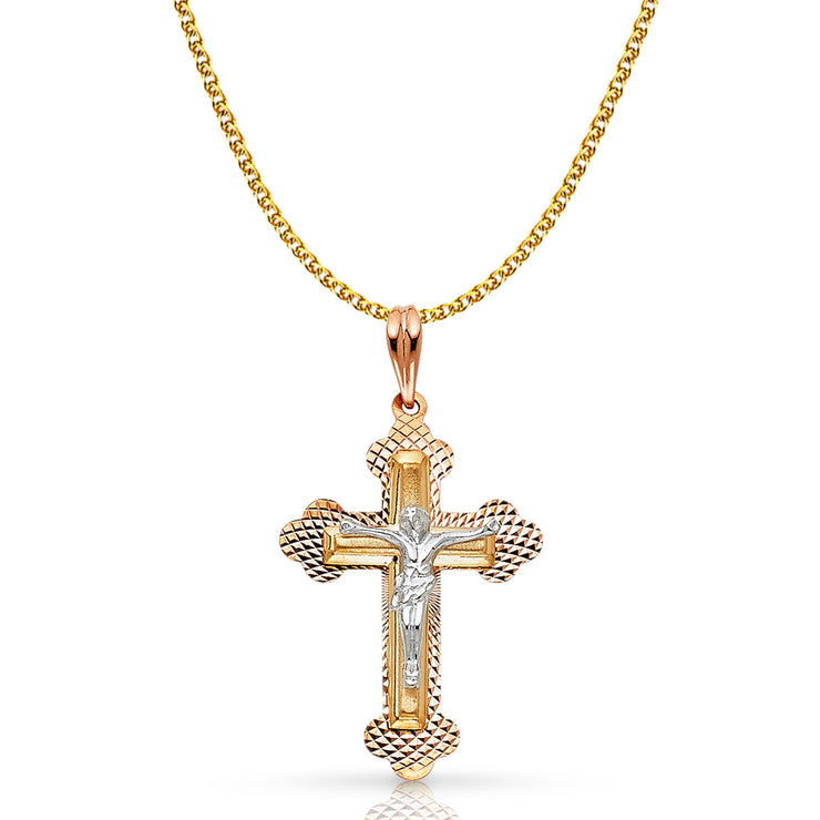 14K Gold Crucifix Pendant with 1.5mm Flat Open Wheat Chain