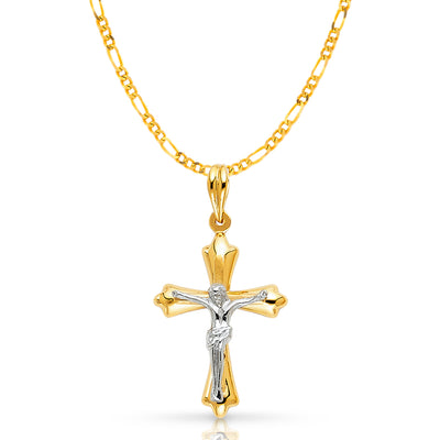 14K Gold Crucifix Pendant with 2.3mm Figaro 3+1 Chain