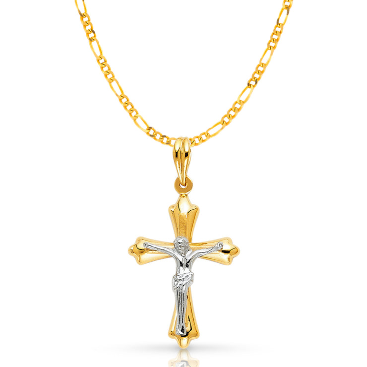 14K Gold Crucifix Pendant with 2.3mm Figaro 3+1 Chain