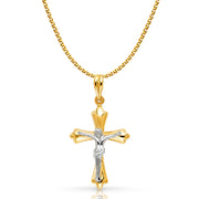 14K Gold Crucifix Pendant with 1.5mm Flat Open Wheat Chain