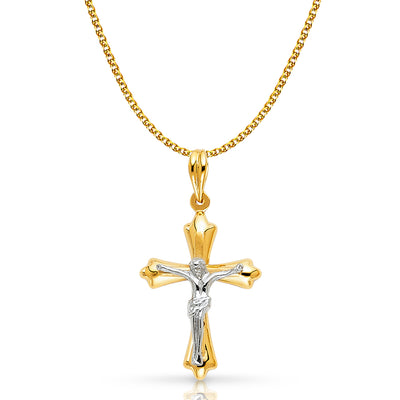 14K Gold Crucifix Pendant with 1.5mm Flat Open Wheat Chain