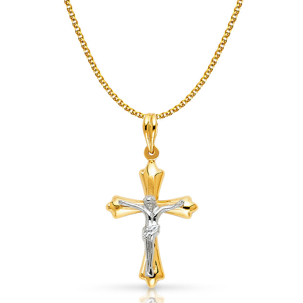 14K Gold Crucifix Pendant with 1.5mm Flat Open Wheat Chain