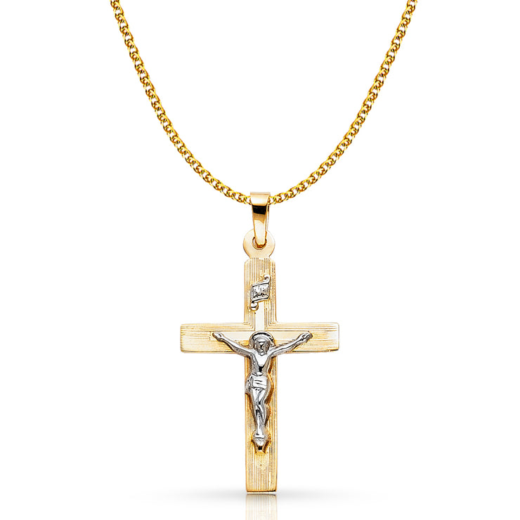 14K Gold Crucifix Pendant with 1.5mm Flat Open Wheat Chain