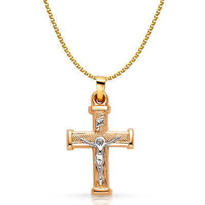 14K Gold Crucifix Pendant with 1.5mm Flat Open Wheat Chain