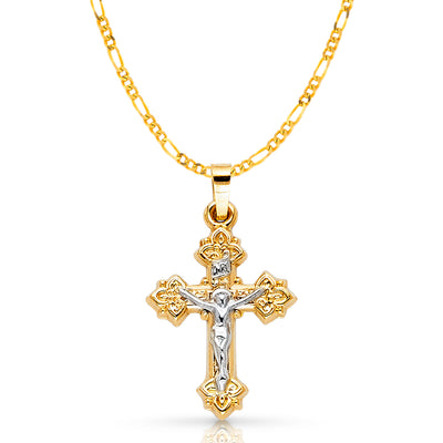 14K Gold Crucifix Pendant with 2.3mm Figaro 3+1 Chain