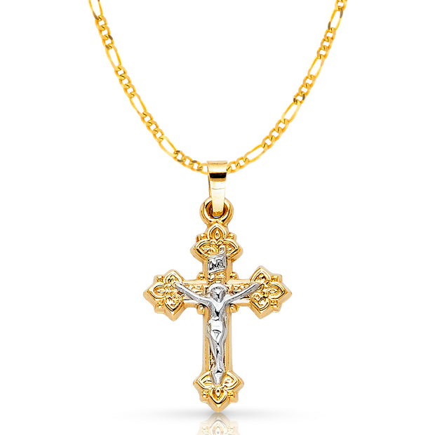 14K Gold Crucifix Pendant with 2.3mm Figaro 3+1 Chain