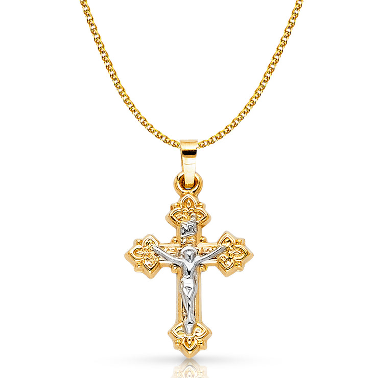 14K Gold Crucifix Pendant with 1.5mm Flat Open Wheat Chain