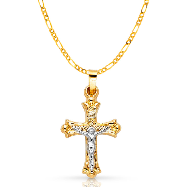 14K Gold Crucifix Pendant with 2.3mm Figaro 3+1 Chain