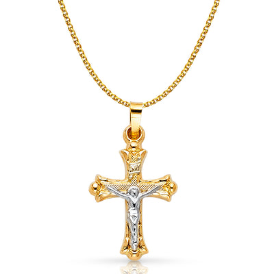 14K Gold Crucifix Pendant with 1.5mm Flat Open Wheat Chain