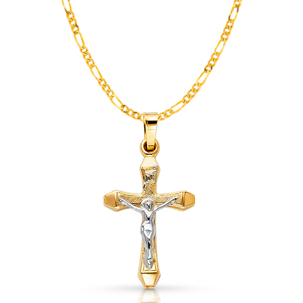 14K Gold Crucifix Pendant with 2.3mm Figaro 3+1 Chain