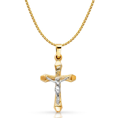 14K Gold Crucifix Pendant with 1.5mm Flat Open Wheat Chain