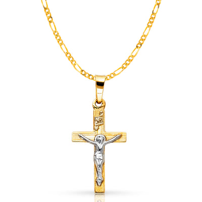 14K Gold Crucifix Pendant with 2mm Figaro 3+1 Chain