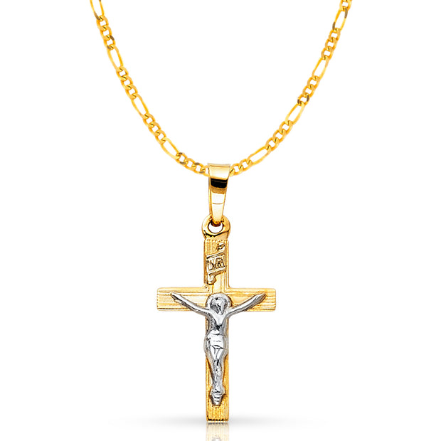 14K Gold Crucifix Pendant with 2mm Figaro 3+1 Chain