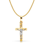 14K Gold Crucifix Pendant with 1.5mm Flat Open Wheat Chain