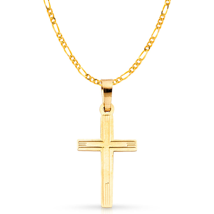 14K Gold Cross Charm Pendant with 3.1mm Figaro 3+1 Chain Necklace