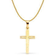 14K Gold Cross Charm Pendant with 1.5mm Flat Open Wheat Chain Necklace