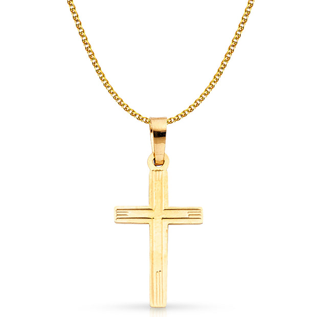 14K Gold Cross Charm Pendant with 1.5mm Flat Open Wheat Chain Necklace