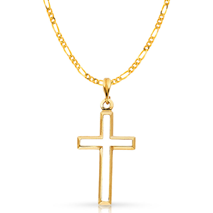 14K Gold Opening Cross Charm Pendant with 2.3mm Figaro 3+1 Chain Necklace