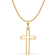 14K Gold Opening Cross Charm Pendant with 1.5mm Flat Open Wheat Chain Necklace