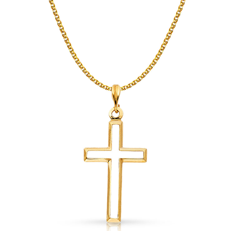 14K Gold Opening Cross Charm Pendant with 1.5mm Flat Open Wheat Chain Necklace