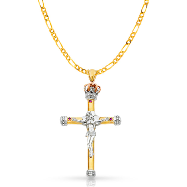 14K Gold Crucifix Pendant with 3.8mm Figaro 3+1 Chain