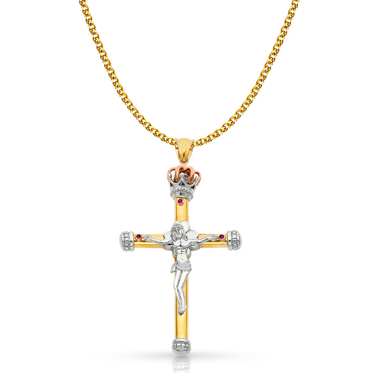 14K Gold Crucifix Pendant with 1.7mm Flat Open Wheat Chain