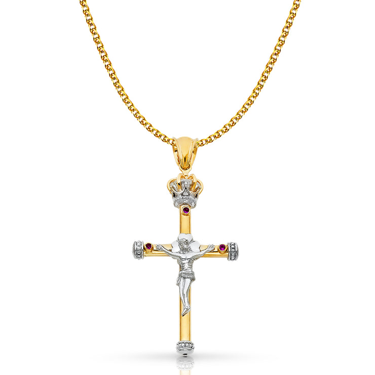 14K Gold Crucifix Pendant with 1.7mm Flat Open Wheat Chain