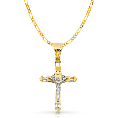 14K Gold CZ Crucifix Pendant with 3.1mm Figaro 3+1 Chain