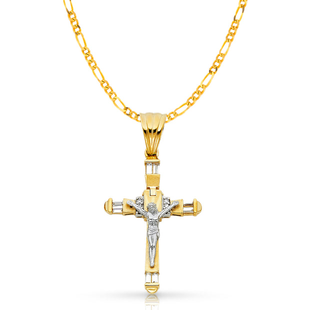 14K Gold CZ Crucifix Pendant with 3.1mm Figaro 3+1 Chain