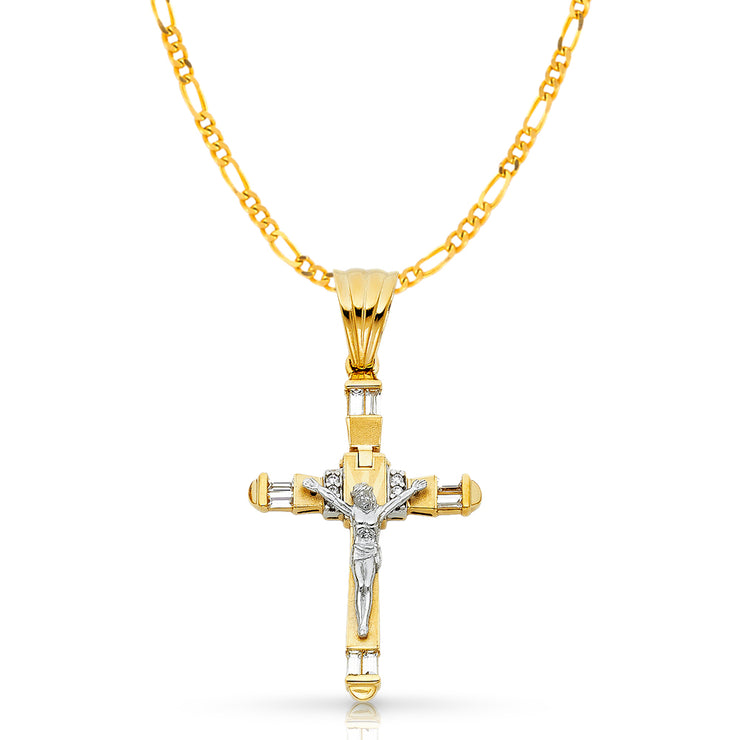 14K Gold CZ Crucifix Pendant with 3.1mm Figaro 3+1 Chain