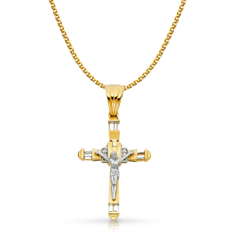 14K Gold CZ Crucifix Pendant with 1.7mm Flat Open Wheat Chain