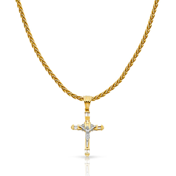 14K Gold CZ Crucifix Charm Pendant with 1.4mm Round Wheat Chain Necklace