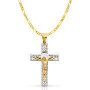 14K Gold CZ Crucifix Pendant with 3.8mm Figaro 3+1 Chain