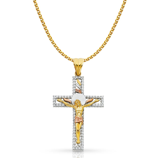 14K Gold CZ Crucifix Pendant with 2mm Flat Open Wheat Chain